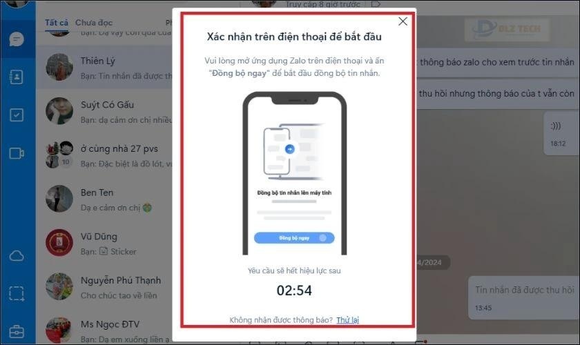 Zalo gửi thông báo đồng bộ