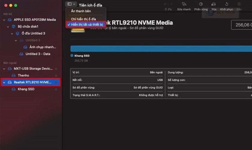 Mở ứng dụng Tiện ích ổ đĩa và chọn Hiển thị tất cả thiết bị