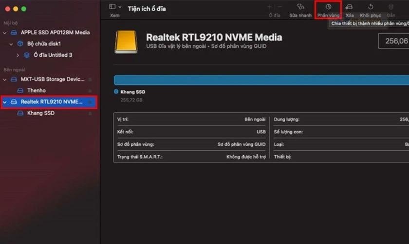 Chọn tiếp ổ cứng mà bạn muốn phân chia rồi click Phân vùng