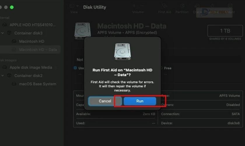 Chọn nút First Aid rồi chọn Run để bắt đầu quá trình kiểm tra ổ cứng