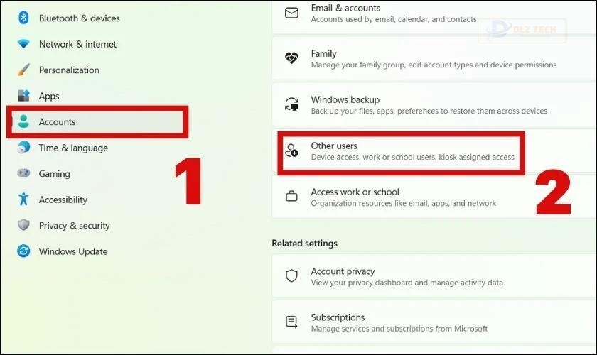 Chọn phần Accounts sau đó nhấn chọn vào Other users