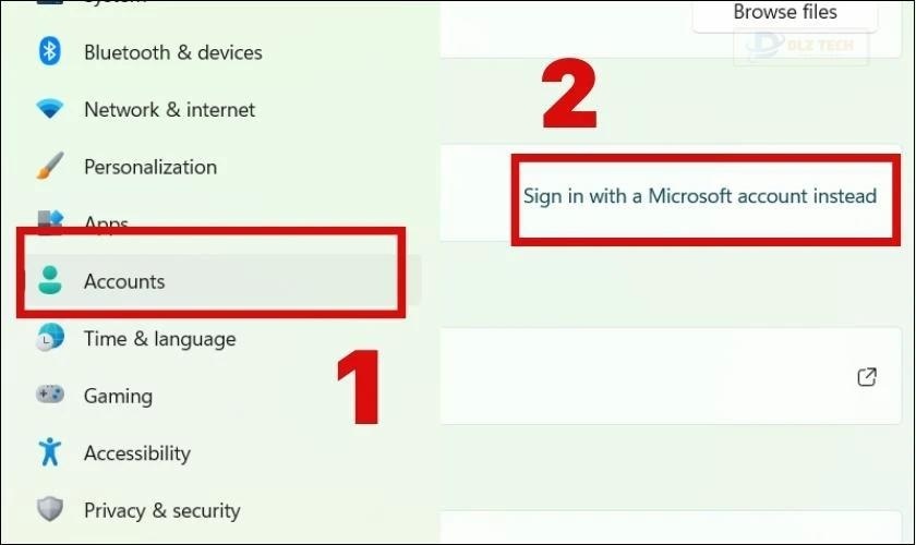 Chọn Accounts sau đó nhấn chọn Sign in a Microsoft account instead