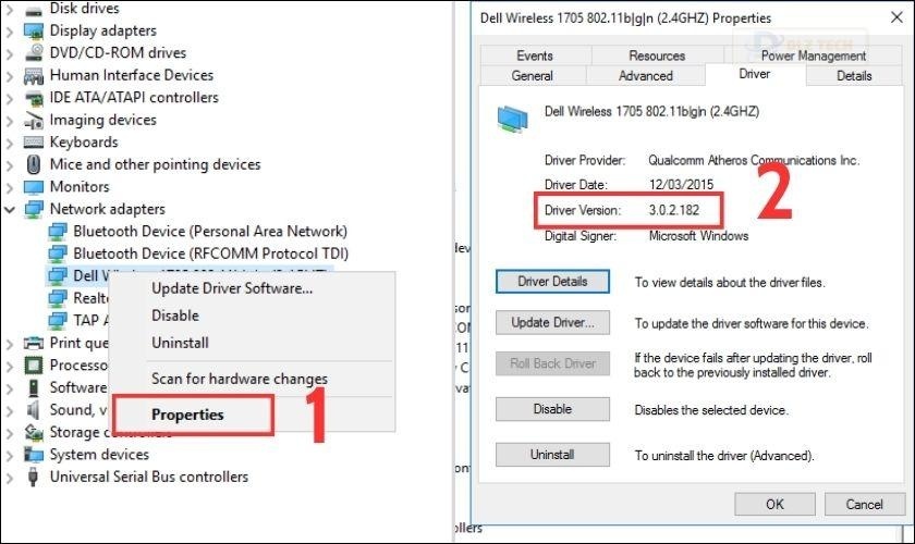 Tiếp đó, bạn click chuột phải vào tên Driver, chọn Properties rồi chọn mục Driver