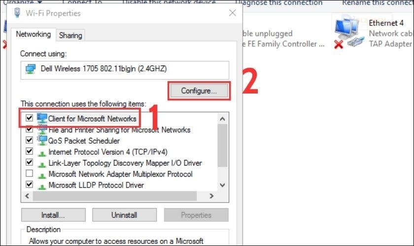 Ở bước này, bạn nhấn vào dòng Client for Microsoft Networks và chọn Configure