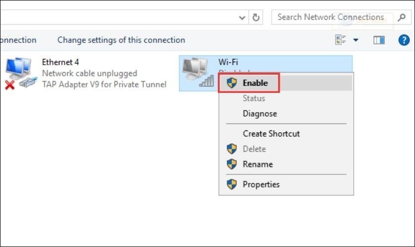 Khi này, nếu biểu tượng có màu xám thì bạn click chuột phải vào và chọn vào Enable để bật lên lại