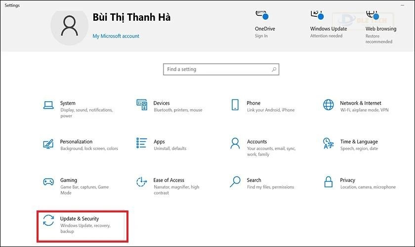 Mở Settings và chọn Update & Security
