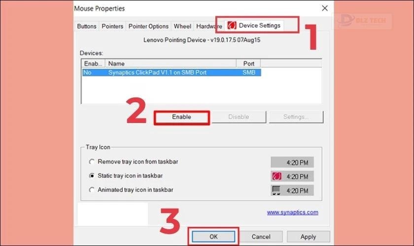 Chọn Device Settings và nhấn Enable