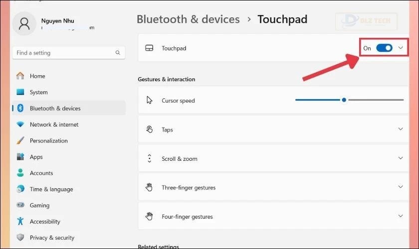 Đảm bảo trạng thái ở phần touchpad đang ở chế độ On