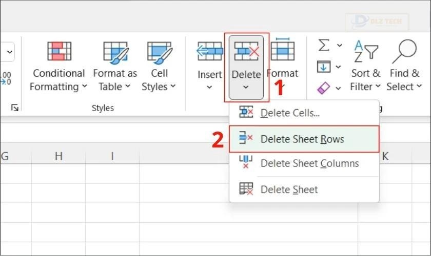 chọn delete sheet rows nếu excel bị chậm