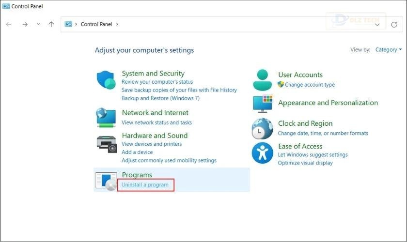 nhấn vào uninstall a program, xử lý file excel có dung lượng quá lớn