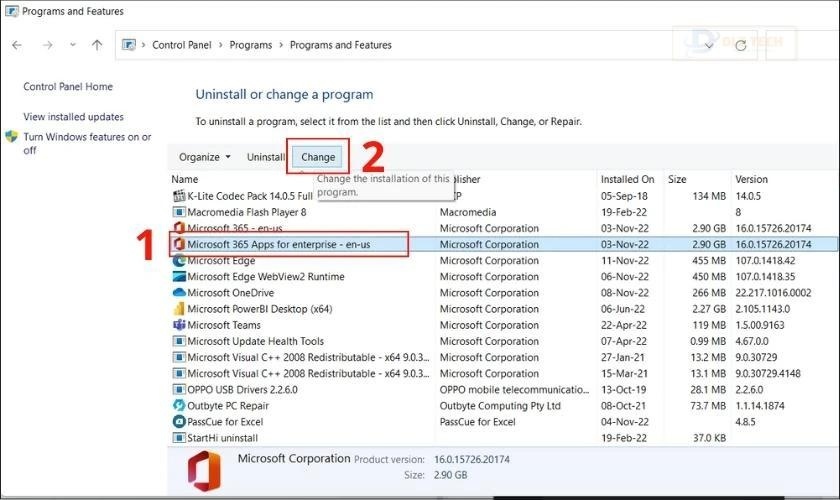 tìm microsoft office rồi nhấn change, khắc phục lỗi mở file excel bị chậm