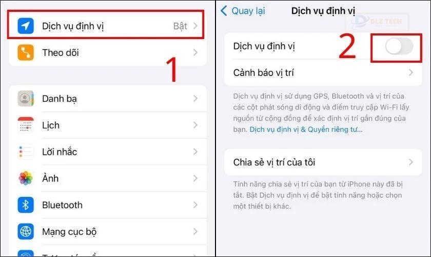 Chọn mục Dịch vụ định vị sau đó tắt Dịch vụ định vị