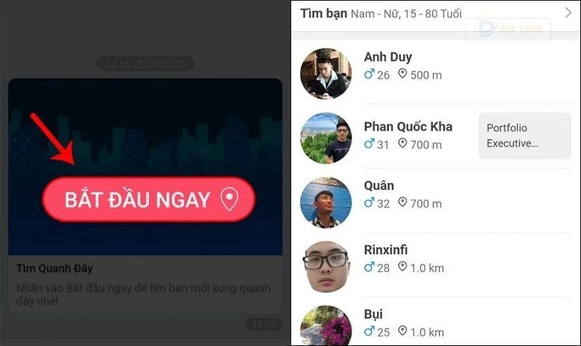 Chọn Bắt đầu ngay và bạn sẽ thấy ngay danh sách những người gần bạn xuất hiện
