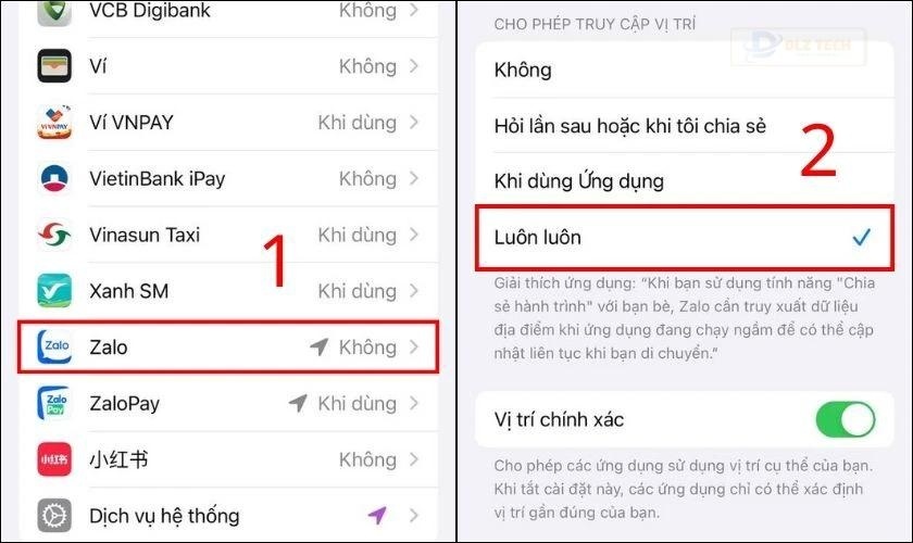Chọn biểu tượng Zalo, rồi nhấn Luôn luôn