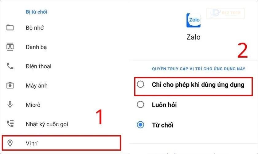 Chọn Vị trí rồi chọn mục Chỉ cho phép khi dùng ứng dụng để khắc phục lỗi tìm quanh đây Zalo