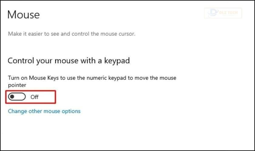 Kéo thanh từ Off sang On để bật tính năng Mouse Keys