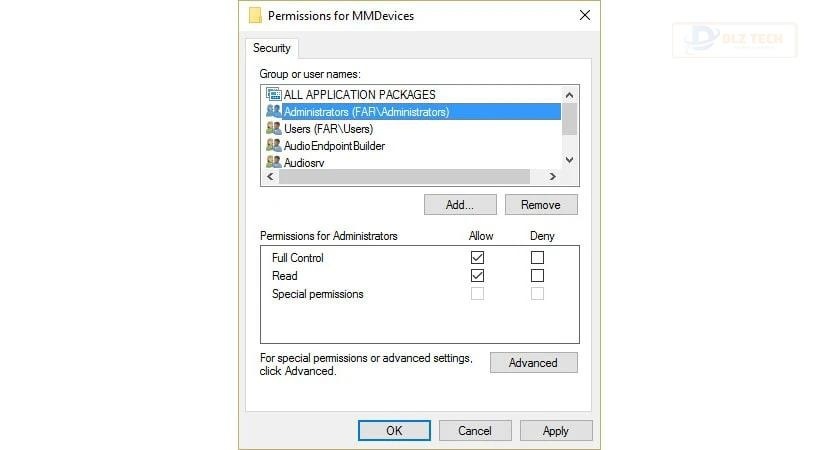 Chọn Full Control cho SYSTEM, Administrator và user