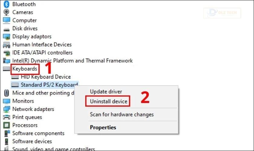 Nhấn chuột phải vào bàn phím của bạn, chọn Uninstall device