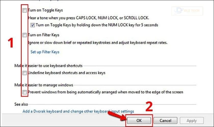 Bạn sẽ được chuyển đến một giao diện mới và hãy bỏ hết dấu tick và nhấn OK