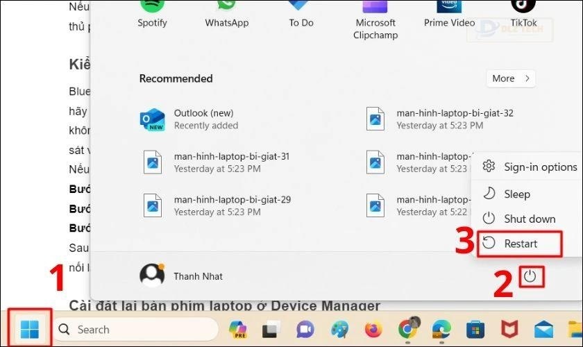 Khởi động lại khi bàn phím laptop không gõ được Win 10