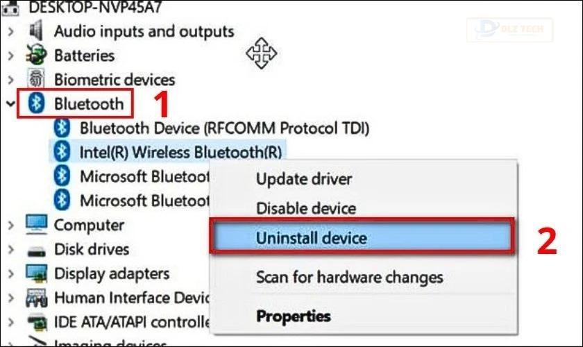 Bạn tìm đến thiết bị Bluetooth và click chuột phải chọn Uninstall the device