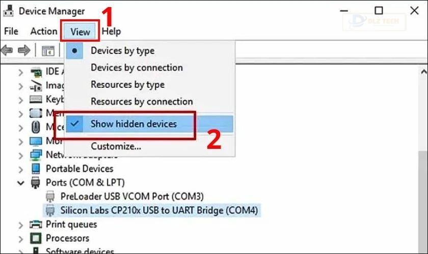 Tiếp theo, bạn chọn View và chọn vào Show Hidden Devices