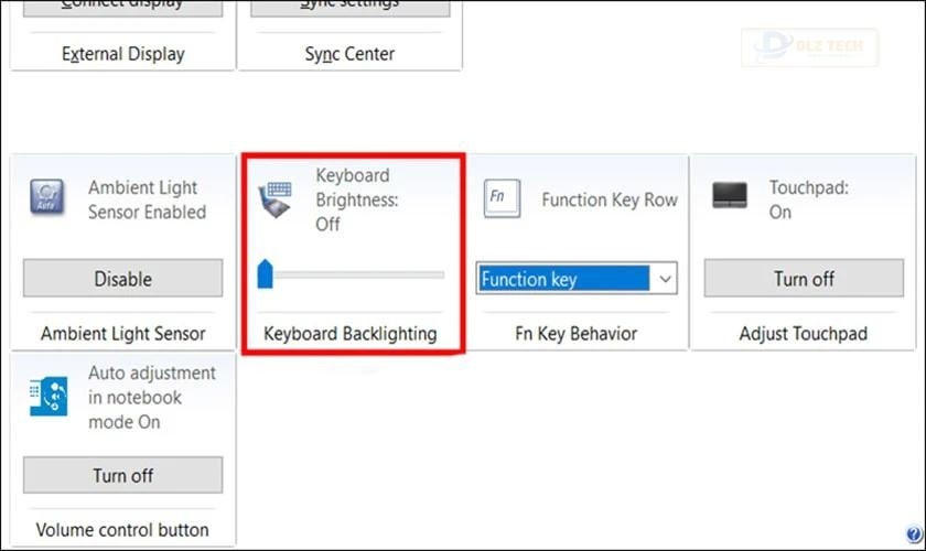 Tìm đến mục Keyboard Backlighting