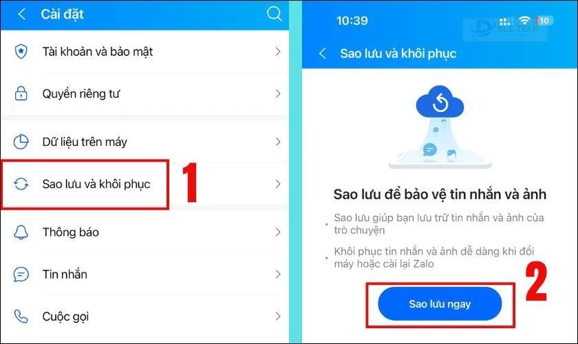 Chọn Sao lưu và khôi phục trên Zalo