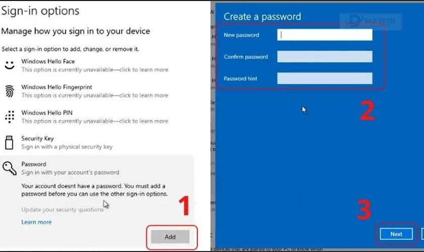 Tiếp đó bạn chọn Password hint cho mình rồi nhấn Next để tiếp tục