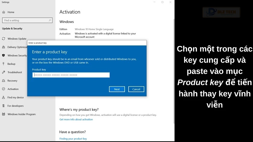 Chọn vào Change product key để cài product key win 10