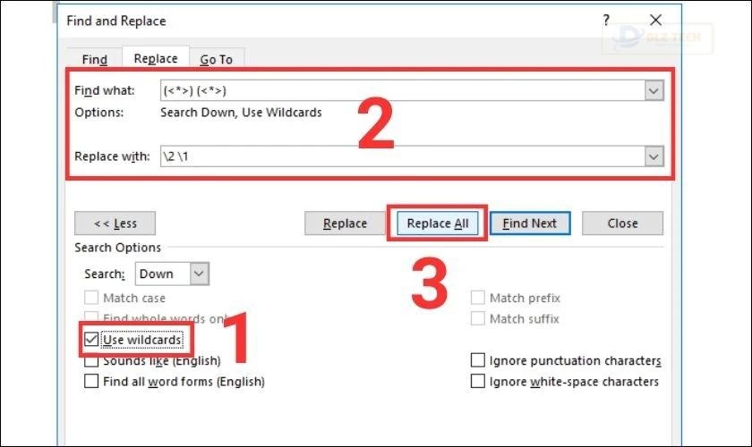 Sau khi thiết lập xong các tùy chọn click vào Replace all