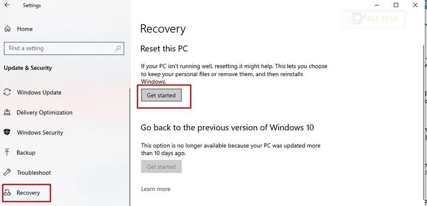 Chọn vào Get started để reset máy tính win 10