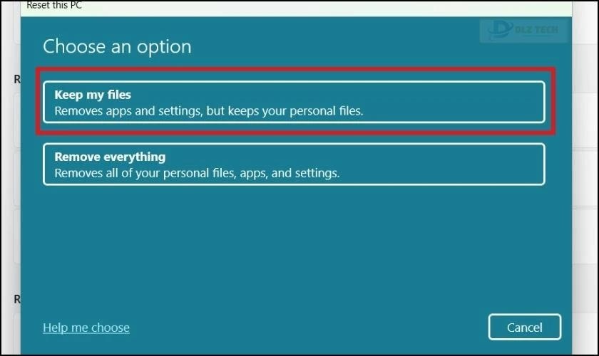 Lựa chọn giữ lại dữ liệu hoặc không tại khi reset Windows 11