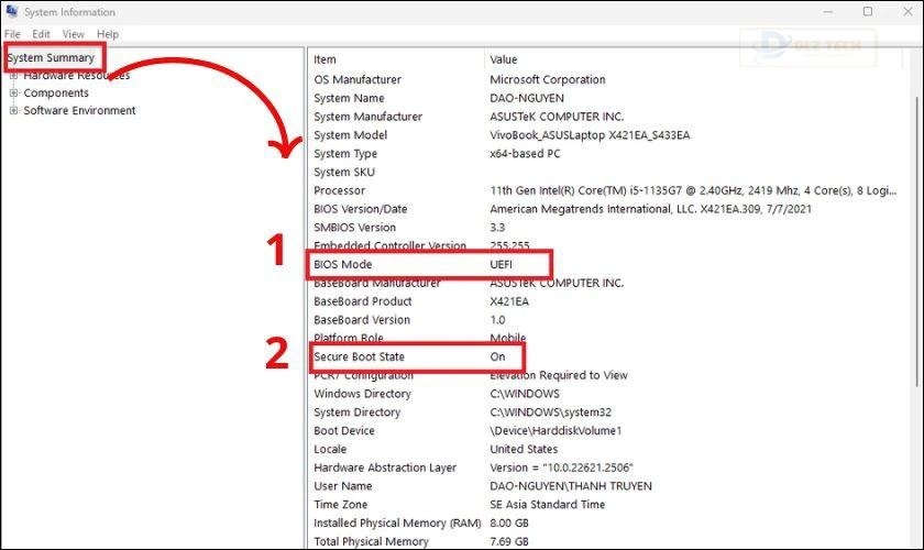 Tìm vào xem mục BIOS Mode và Secure Boot State