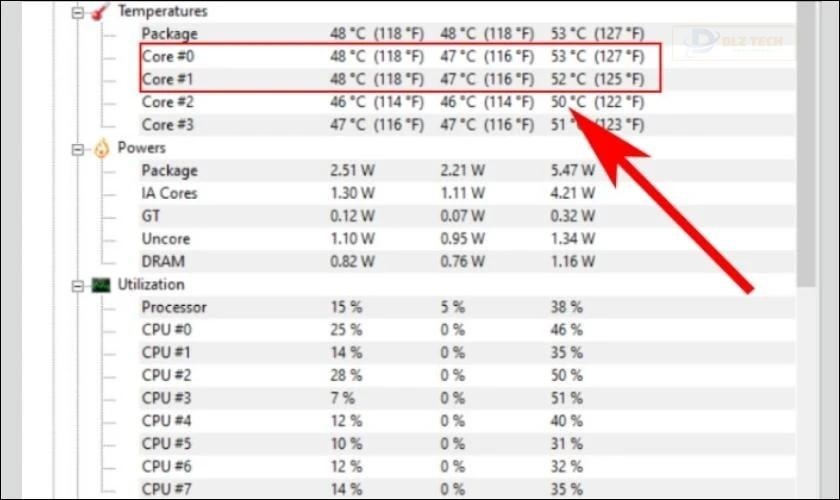 Mở phần mềm CPUID HWMonitor và tìm đến mục Temperatures