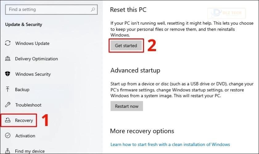 Chọn Get started dưới dòng Reset this PC