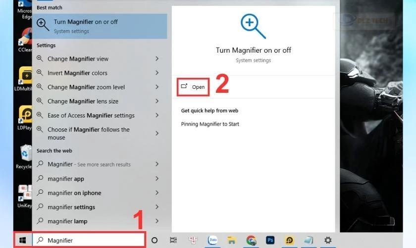 Nhập từ khóa Magnifier vào thanh tìm kiếm Windows rồi mở nó lên