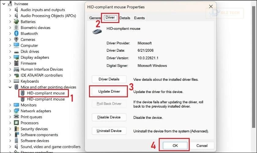 Di chuyển sang tab Driver và nhấn phím Tab lần nữa để lướt xuống lệnh Update driver