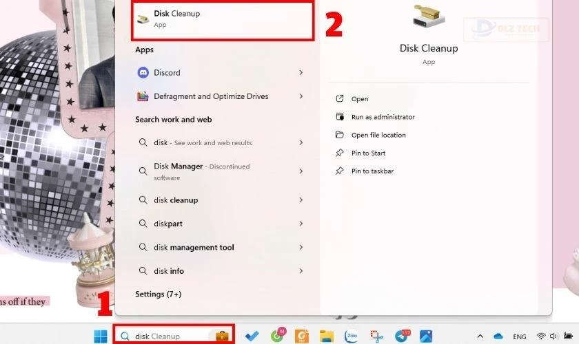 Tìm và chọn Disk Cleanup