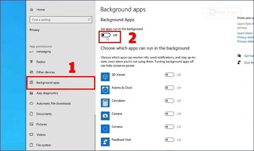 Vào Background apps, sau đó chuyển mục Let apps run in the background về trạng thái tắt