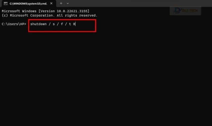 Nhập vào câu lệnh shutdown / s / f / t 0 sau đó nhấn Enter