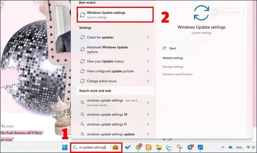 Trong khung tìm kiếm, tìm và chọn Windows Update Settings