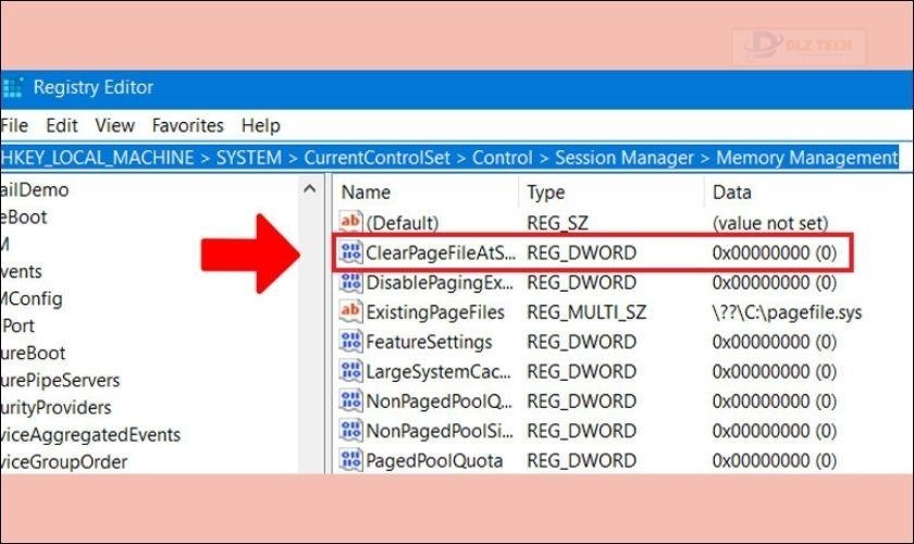 Tìm và click chuột vào dòng ClearPageFileAtShutdown