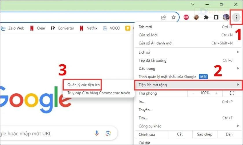 Nhấn vào dấu ba chấm nằm góc trên bên phải và chọn Tiện ích mở rộng