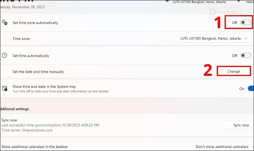 Tắt chế độ Set time automatically, sau đó chọn Change