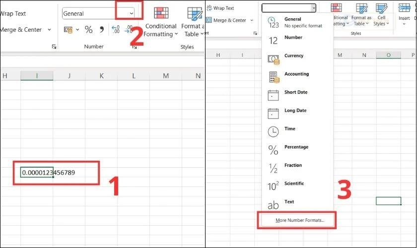 Chọn vào More Number Formats trên thanh công cụ General