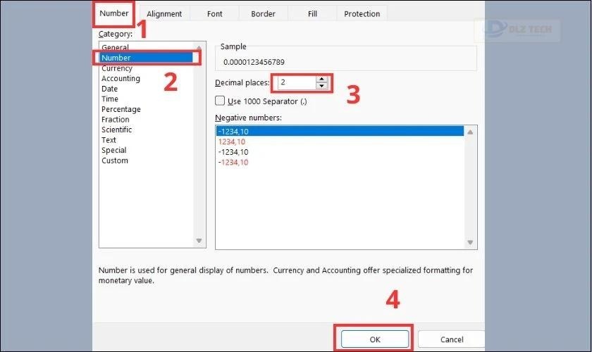 Chọn số lượng vị trí số thập phân phía sau dấu phẩy ở mục Decimal places