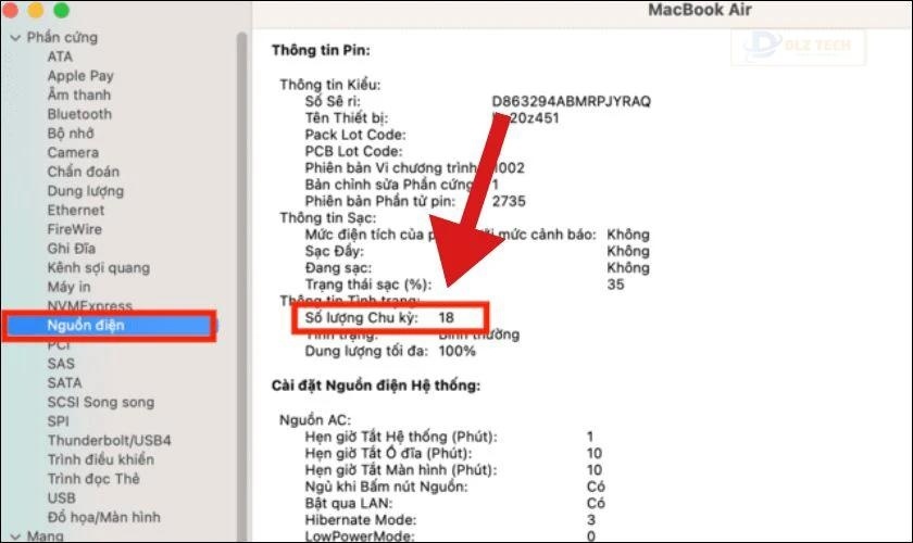 Trong mục Nguồn điện, bạn sẽ thấy thông tin Số lượng chu kỳ, đây là số lần sạc pin của máy