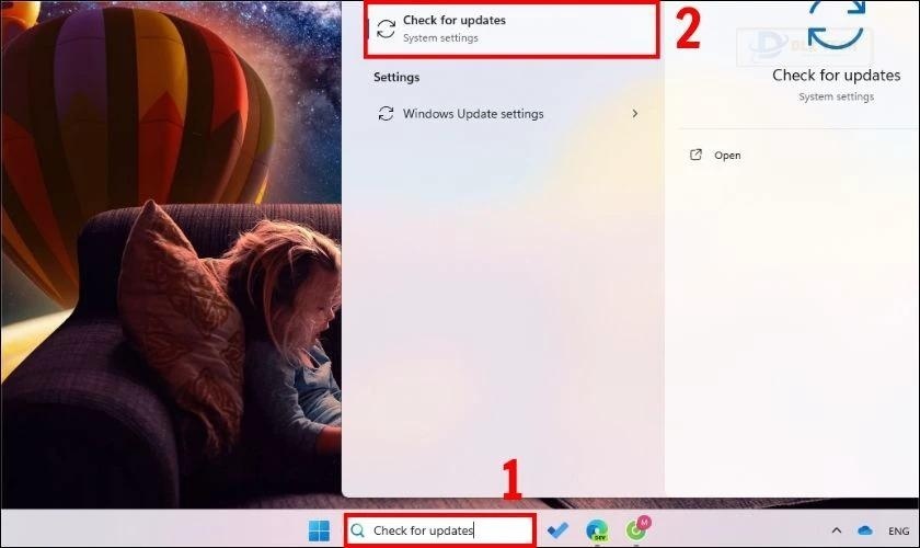 Nhập và tìm Check for updates tại phần tìm kiếm trên thanh Taskbar