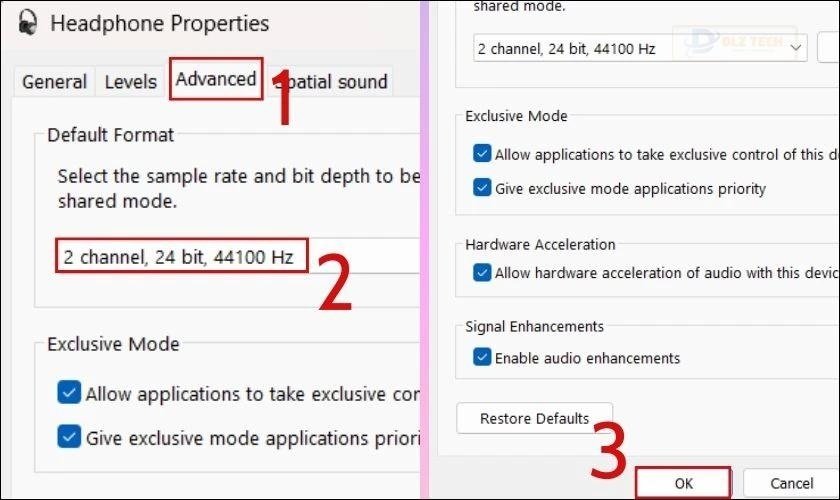 Chọn tần số 24 bit, 44100 Hz hoặc 24 bit, 192000 Hz